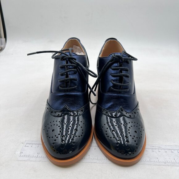 FOWT Women's Perforated Lace-Up Oxfords Mid Chunky Heel Derby Shoes Blue Shoes - Picture 3 of 8
